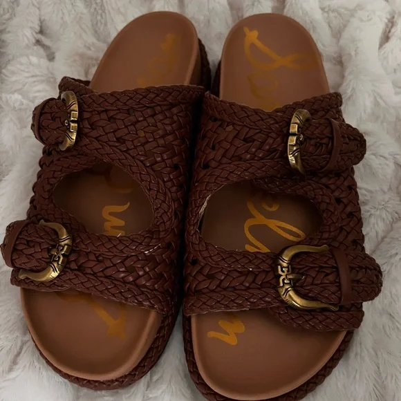 Sam Edelman, Reid, Cognac Woven Double Buckle Platform Sandals - Picture 8 of 9